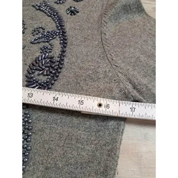 Michael Simon Womens Sz L Henley Sweater Silk Cashmere Gray Embellished Thermal - Picture 6 of 11
